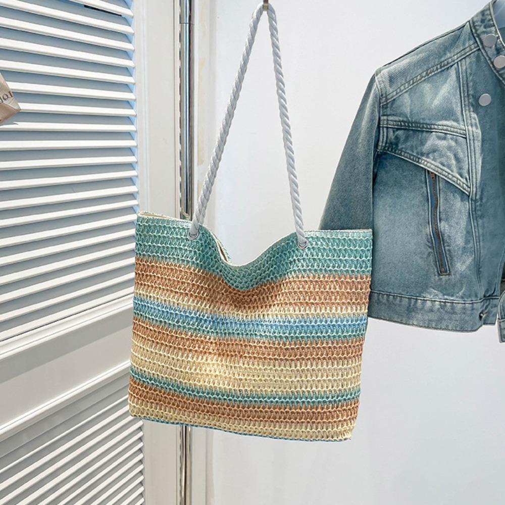 Bohemian Style Strip Weave Bag Beach Handbag Hollow Tote Bag Casual Rainbow Beach Bag Vacation