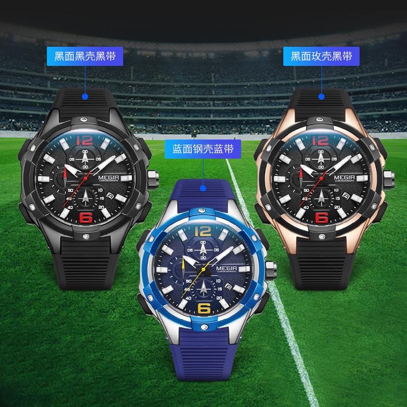 Мужские спортивные часы с большим циферблатом из силикона, многофункциональные, с хронографом, тремя циферблатами, шестью стрелками, водонепроницаемые, с календарем и светящимся корпусом