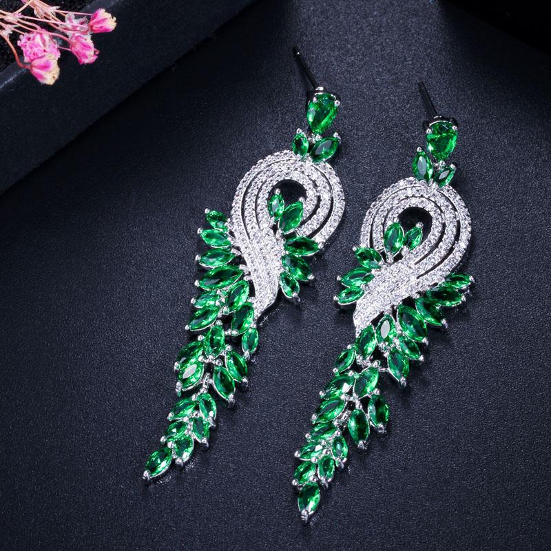 CMM Brand High Quality White Gold Color Austrian CZ Zircon Bridal Long Red Green Drop Earrings Jewelry for Women
