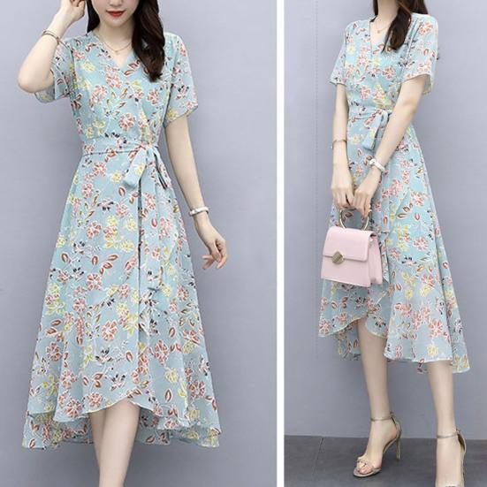 Платье с цветочным принтом для женщин с V-образным вырезом, коротким рукавом, струящимся запахом, платье миди с оборками и неровным подолом, платье А-силуэта для пляжного отдыха