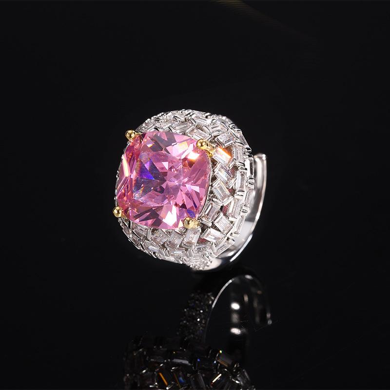 Цвет сокровище квадратное цветовое разделение гальванопокрытие розовый бриллиант желтый бриллиант красный корунд кольцо медные украшения циркон кольцо открытие мода