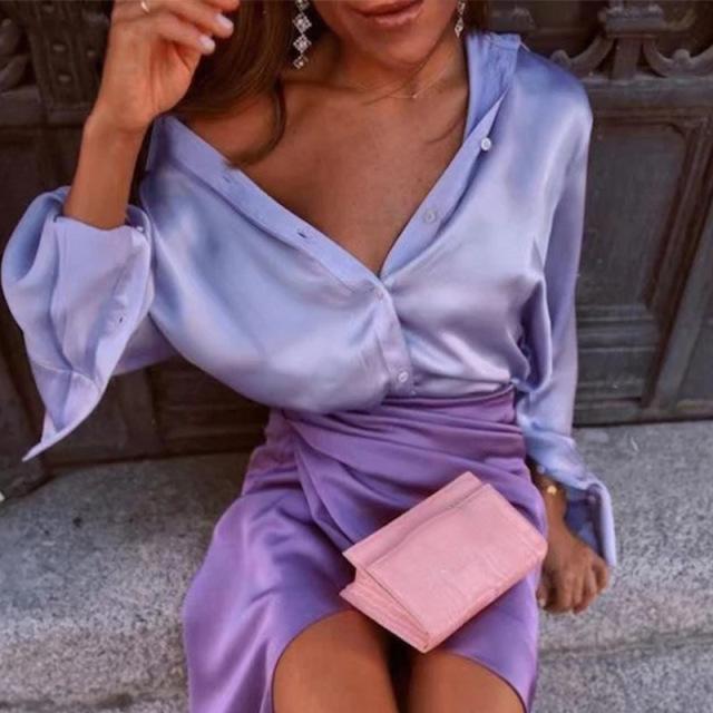 Женские 2022 элегантные атласные однотонные блузки с длинными рукавами, женские шикарные винтажные сине-зеленые повседневные свободные рубашки на пуговицах, топы