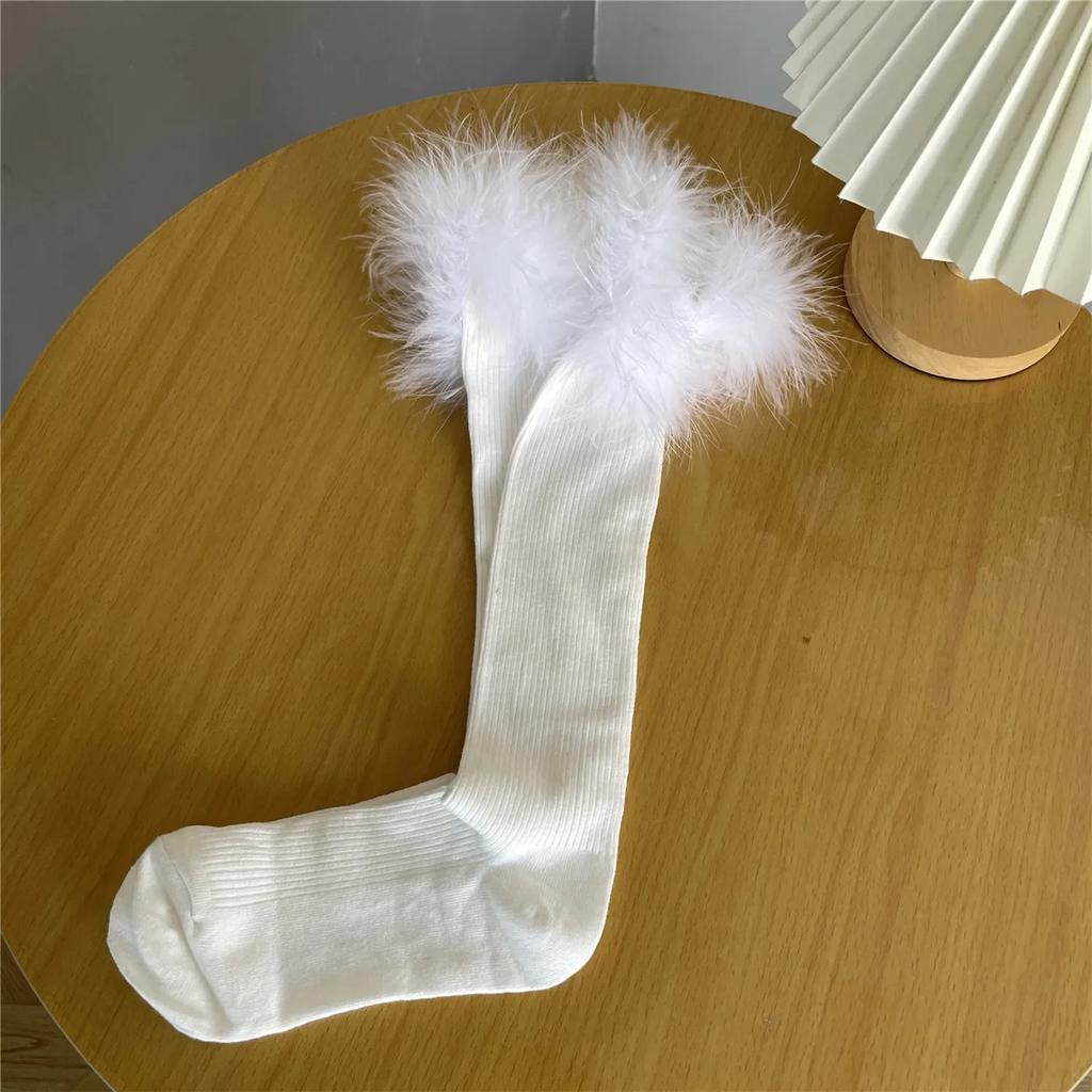 Носки с оборками и перьями, чулки для женщин, JK Girls, однотонные, черные, белые, длинные, женские чулки, Лолита, кавайные, милые, гольфы