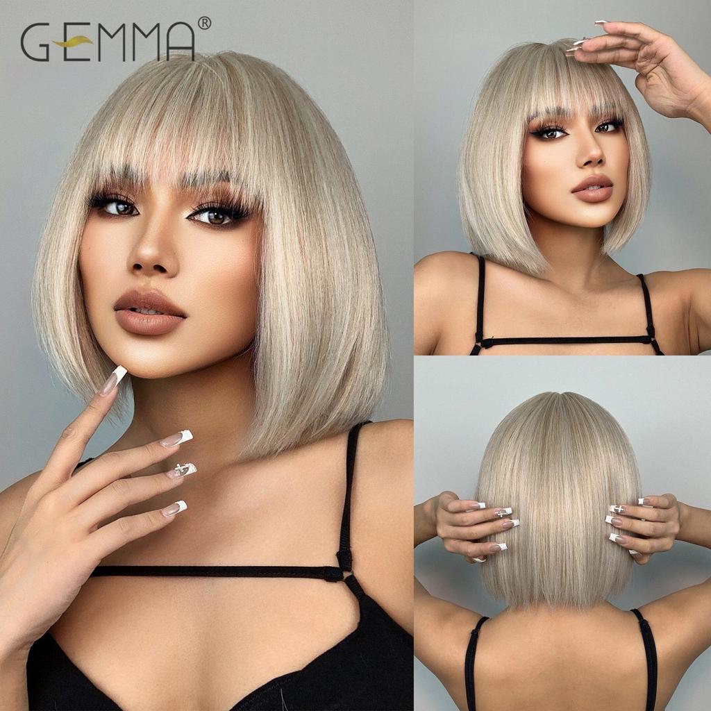 Cosplay Ombre Brown Platinum Blonde Wig Synthetic Straight Short Bob Hair Wigs for Women Natural Heat Resistant Party Daily Use