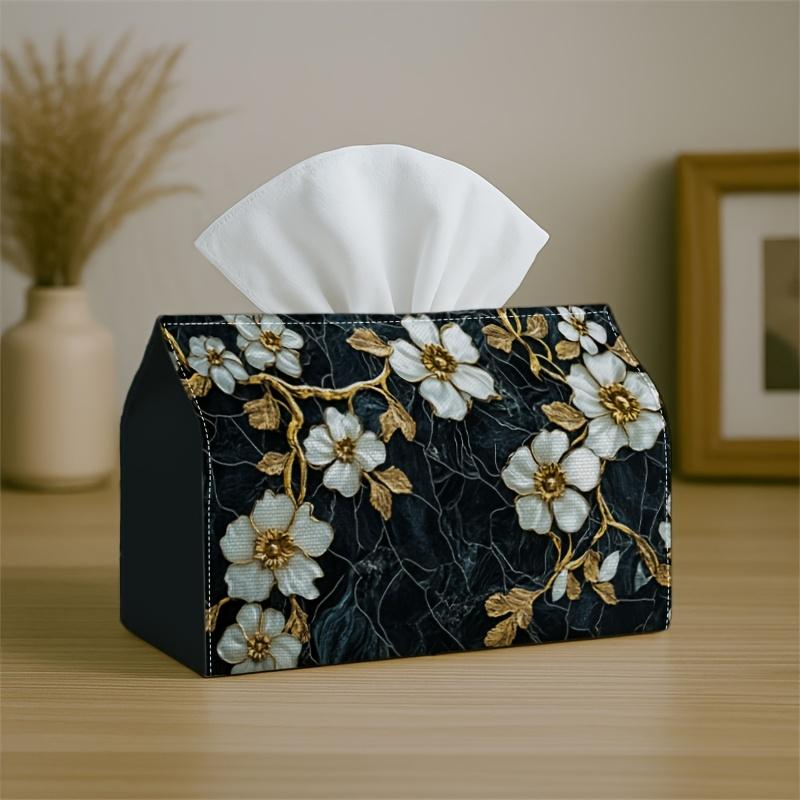 1pc Luxury Floral Marble Tissue Holder - White Flower with Golden Vine Texture, Sturdy Napkin Organizer for Vehicle, Kitchen, Dining Area, Home Decora