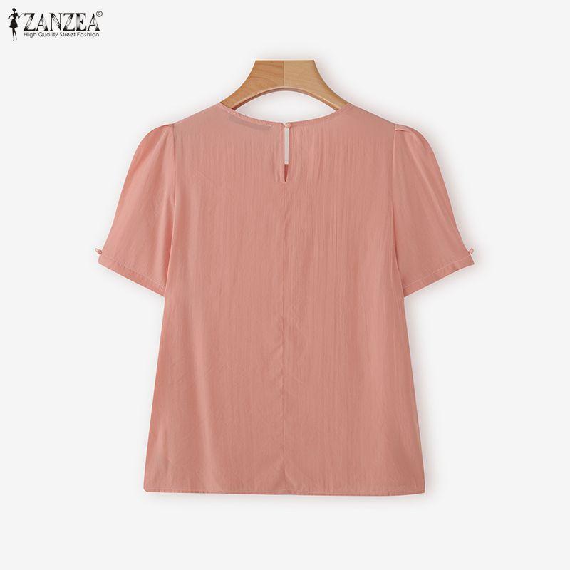 ZANZEA Женская повседневная однотонная блузка с круглым вырезом и коротким рукавом