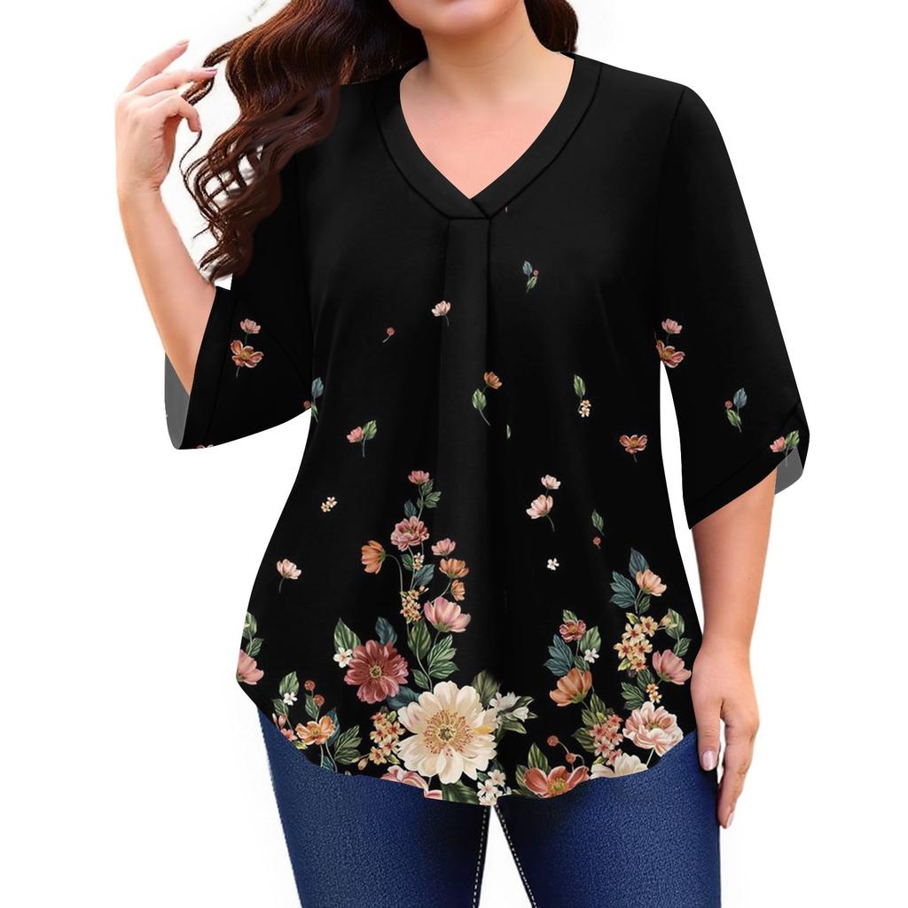 Women's Fashion Large Size Printed V-Neck Three-quarter Sleeve Top