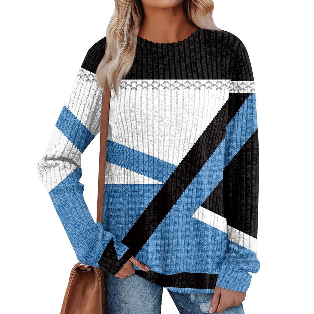 Women's Winter Color-Block Printed Lightweight Brushed-Cotton Round Neck Top