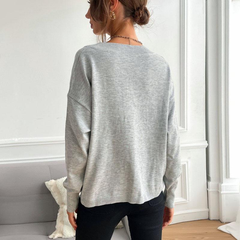 Винтажная мода Элегантная повседневная осенняя одежда Серый пуловер свободного кроя с V-образным вырезом Свитер с пентаграммой