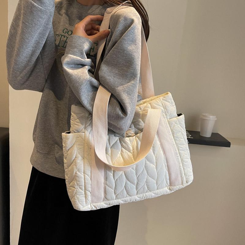 Quilted Shoulder Bag Down Padded Woman Tote Handbag Soft Winter Lightweight Girl's School Bag Puffer Cotton Large Pockets Purse CLE