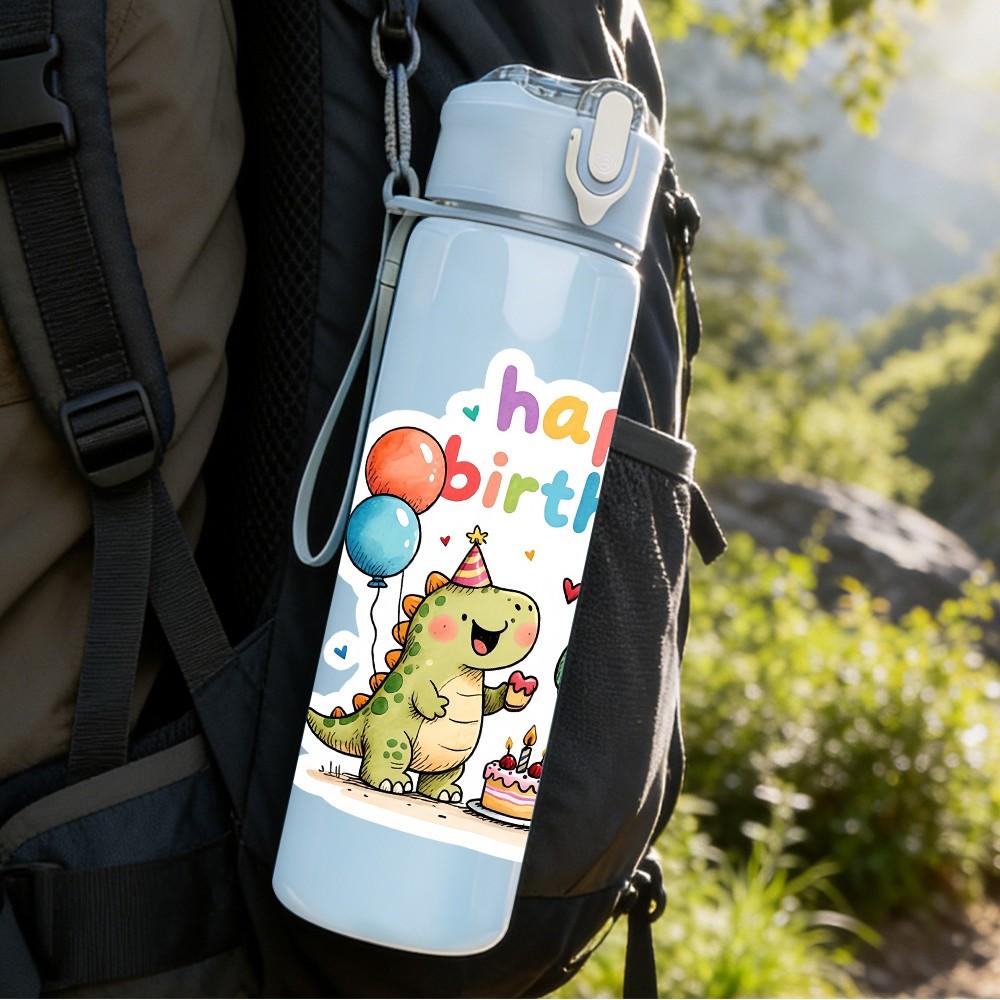 1PC Happy Birthday Dinosaur Party Print 750ml Color Plastic Sports Water Bottle Leakproof Flip Straw Lid Suitable for Sports Office Home Use