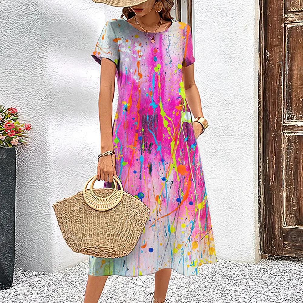 Летние платья с короткими рукавами, стильная женская одежда с контрастными цветами, длинное платье с принтом 3D Tie-Dye, женская одежда, свободный свитер с круглым вырезом