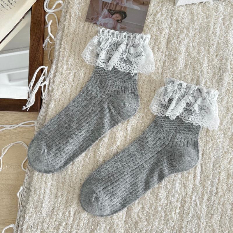 Retro Ballet-style Summer Pure Lace Fringed Pile Socks for Women, Thin Combed Cotton Versatile Short Socks