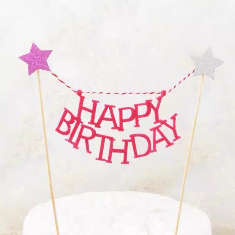 Happy Birthday Star Cake Decoration Set: Non-Woven Fabric Banner & Toothpick Inserts