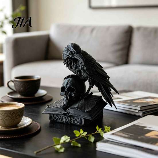 Dark Academia Style Decoration Black Raven Skull Statue, 3D Printed Gothic Crow Figurine for Desk Mystery Theme Party Supplies Shelf, Spooky Halloween
