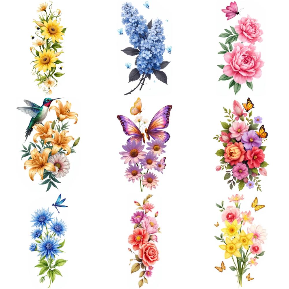 9Pcs Flower Temporary Tattoo Stickers For Women Body Art Fake Tattoo Sexy Rose Butterfly Peony Little Daisy Waterproof Tattoos
