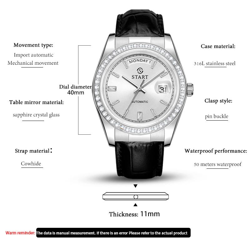 Start Men's Diamond Watch Automatic Mechanical Watch Waterproof Date Week Function Fashion Leather Watch