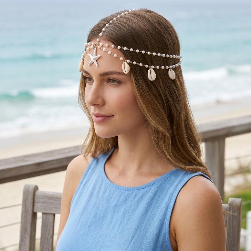 Ocean Style Bohemian Hair Chain Starfish Beaded Head Piece Boho Head Chain Summer Vacation