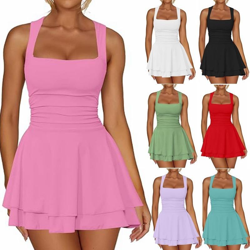 Женское однотонное мини-платье bodycon с квадратным вырезом, высокой талией, сборками и тонкими бретелями
