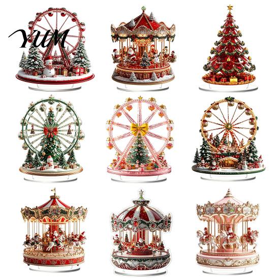 DIY Holiday Crafts 2D Acrylic Christmas Ferris Wheel Tabletop Decoration, Festive Village Scene Ornament Snap-on Decorative Structures with Snowman &