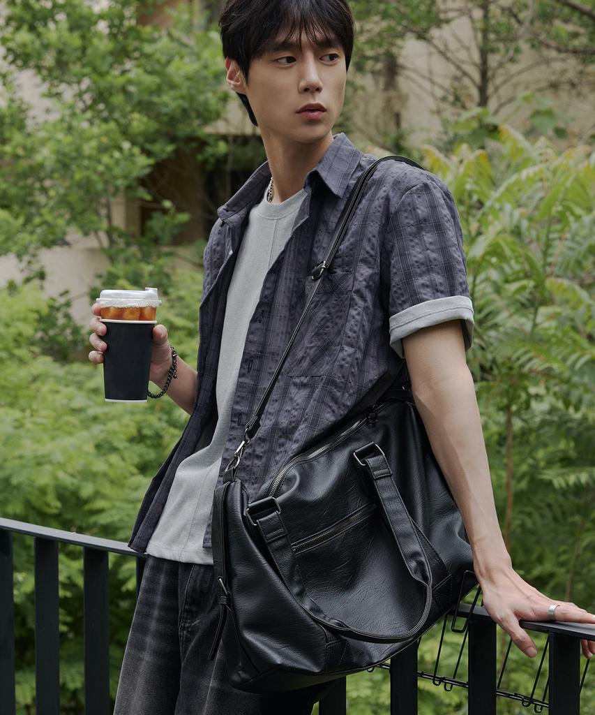 NODU Seersucker Check Crop Half Shirt [Charcoal]