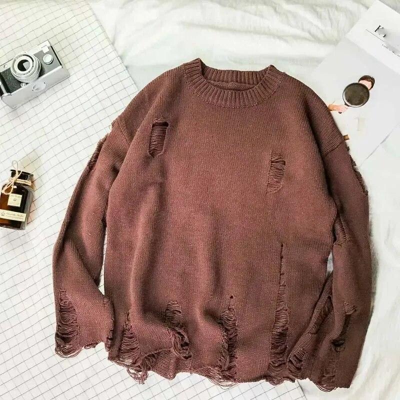 Khaki Ripped Loose Sweater Knitted Pullover Cutout Beggar Round Neck Long Sleeves Simple Casual Men and Women Spring Autumn
