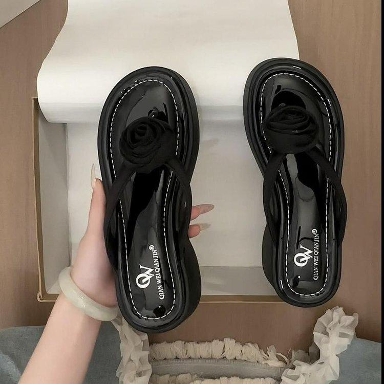 Thick Bottom Heightening Pink Flower Flip-flops Female Summer Wear 2025 New Fairy Style with Skirt Toe Cool Slippers