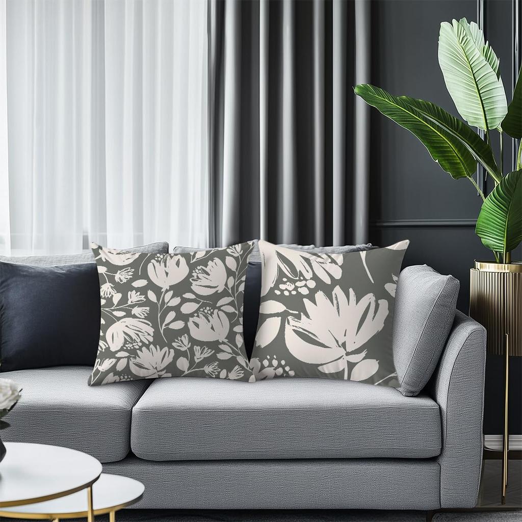 2 Pack Charcoal Beige Floral Pillow Covers Double Sided Print Modern Cushion Cases Home Decor For Sofa