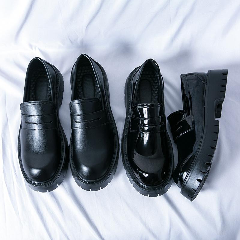 Small Leather Shoes, Teenagers with One Foot, Loafers, Platform Black Fashion Men's Casual Leather Shoes.