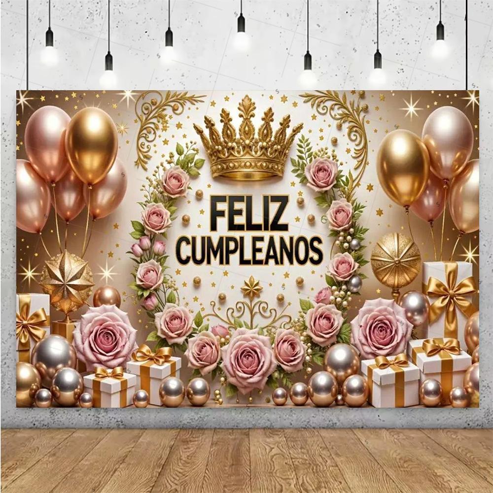 Happy Theme Background in Spanish, Party Decoration with Colored Globes, Background Banner, Gift for Children, Photo Session