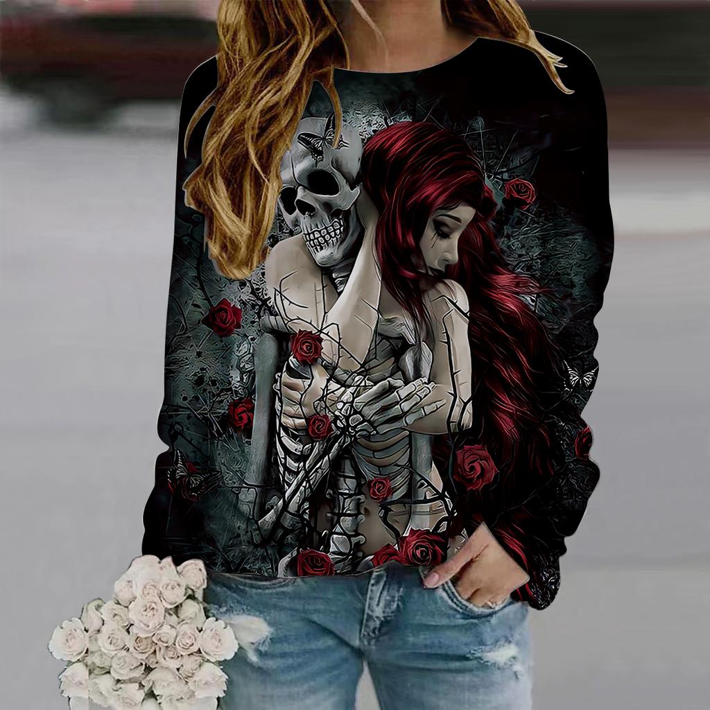 Fall Autumn Women'S Fashion O Neck Long Sleeve T-Shirt Loose Clothes Human Skeleton Print T Shirt