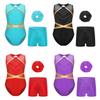Gymnastics Outfit Set for Girls Patchwork Sleeveless Leotard Unitards with Shorts and Headwear