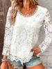 Летняя женская мода однотонная повседневная футболка с длинными рукавами и круглым вырезом с кружевным топом