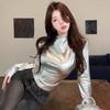 Women's Top Shiny High Neck Long Sleeved T-shirt