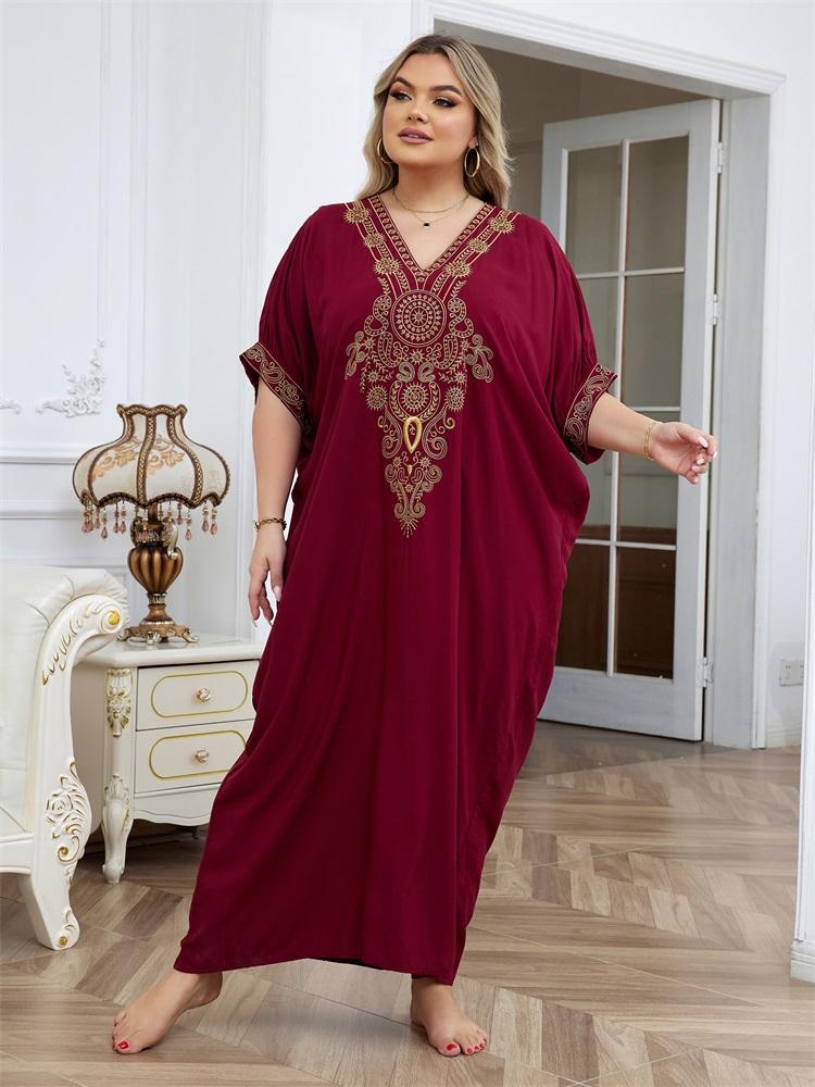 EDOLYNSA Golden Embroidered Plus Size Red Kaftan Dresses for Women Cozy V-neck Half Sleeve Beachwear Swimsuit Cover Up Loose Caftan