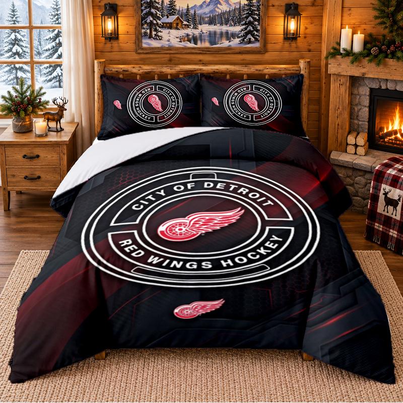 Printed 3Pcs Bedding Set Detroit Red Wings Pattern Bed Sheet Pillowcase For Bedroom Decor