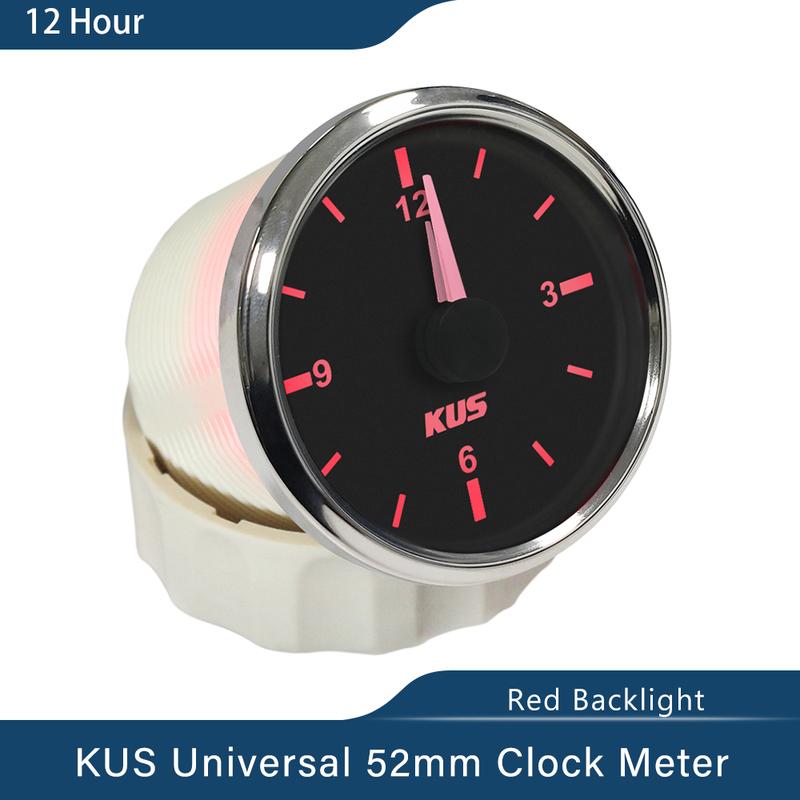 KUS Universal Car Boat Clock 12V 24V With Red Backlight 52mm Round Auto Yacht Accessories 12 Hour