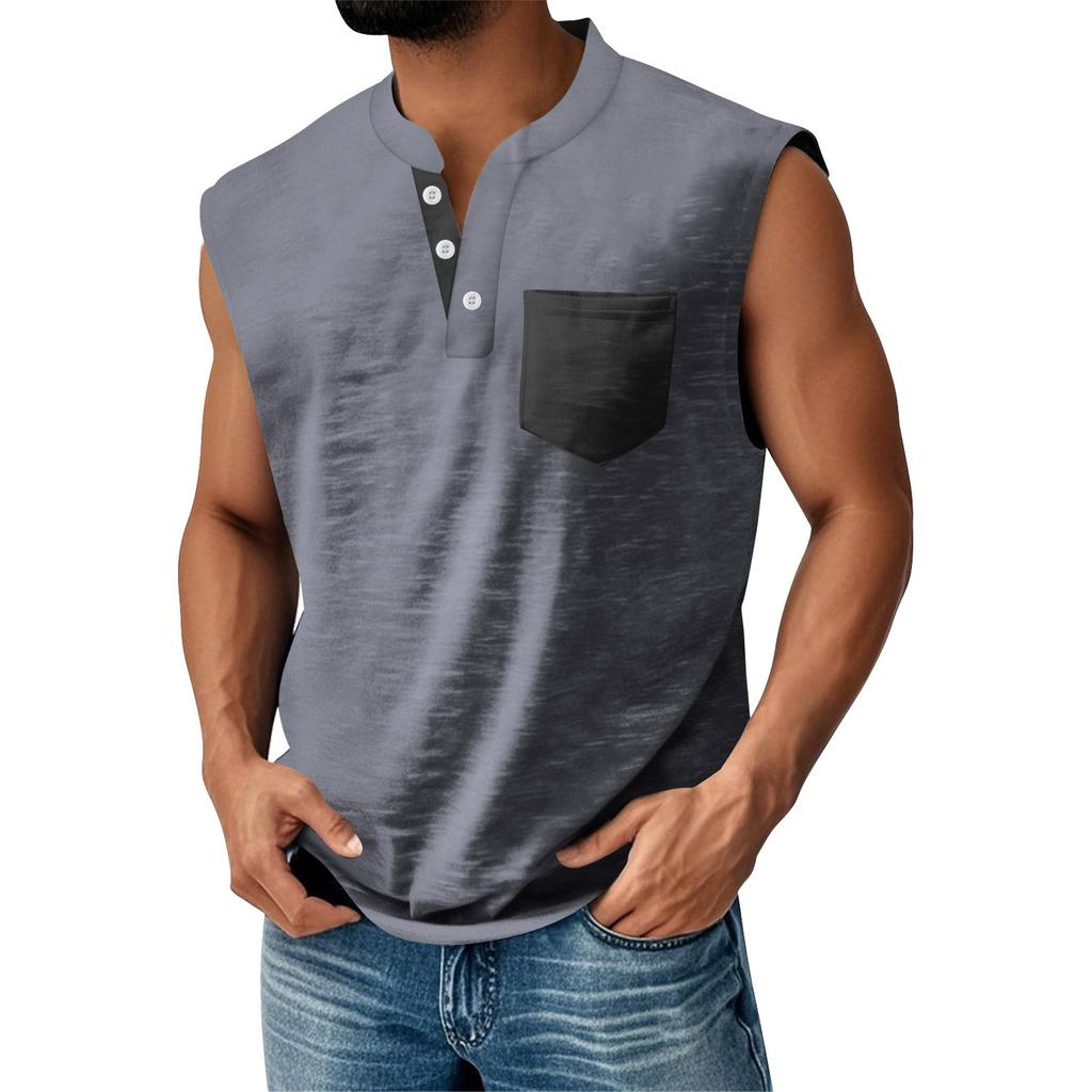 Men's Summer Solid Matching Color Pocket Sports Buttons Vest Men's Sports Casual Vest