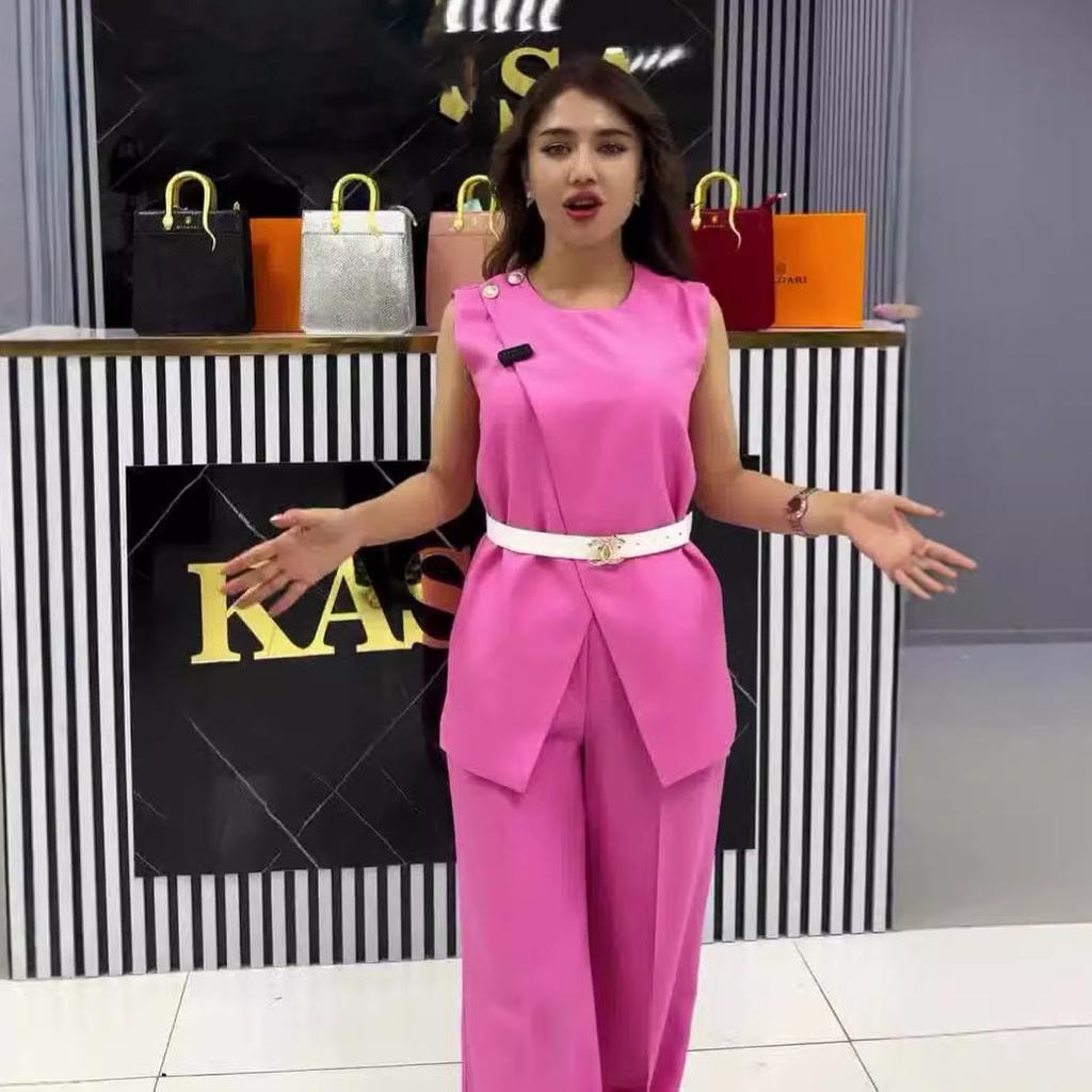 Round Neck Belt Sleeveless White High Waist Tops Solid Color Wide Leg Long Pants Slim Fit Elegant Two Piece Sets Women Pants Set