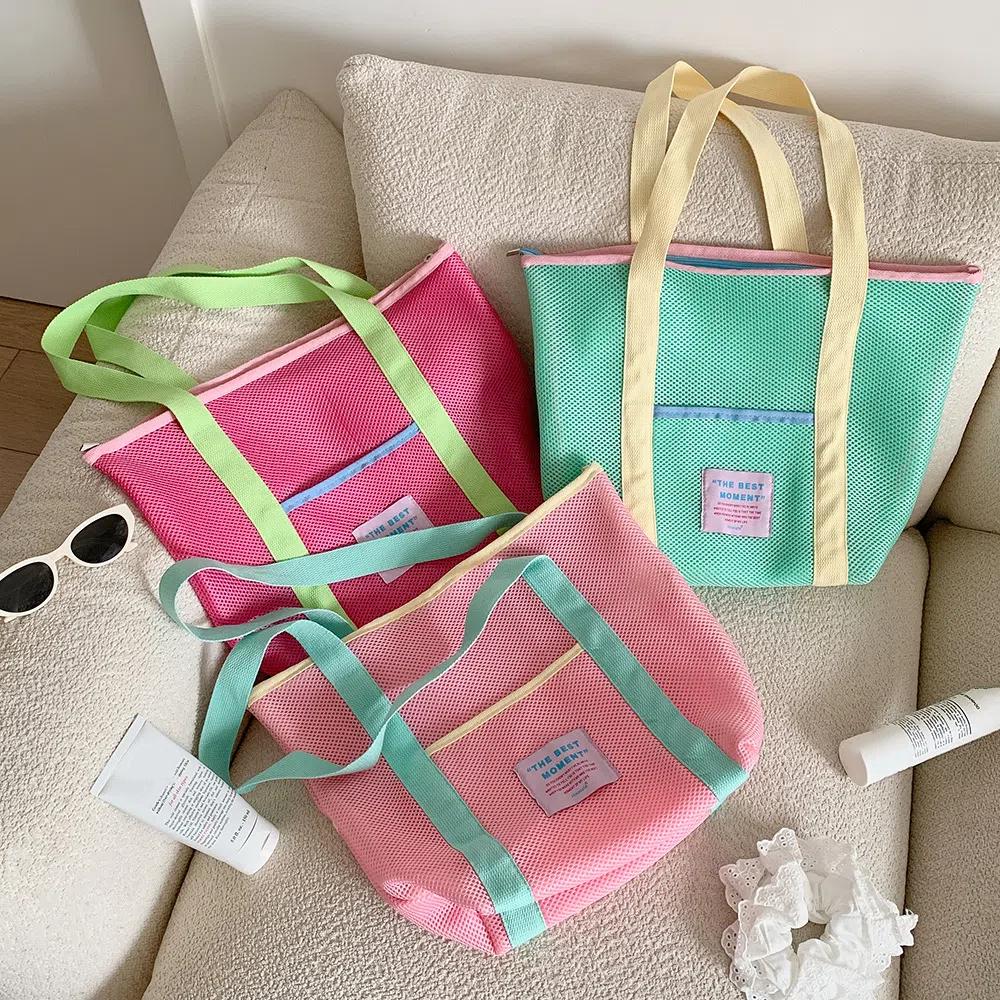 Shoulder Bag Mesh Tote Bag Colored Mesh Handbag Picnic Snack Bag Mesh Shopping Bag Travel
