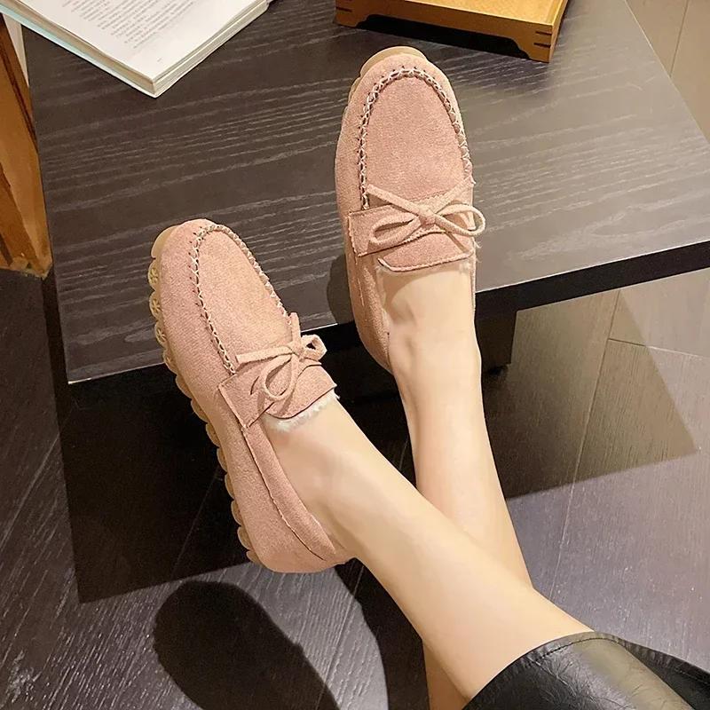 Модные женские мокасины Bow Winter Flats Нескользящие туфли на плоской подошве Женские теплые мокасины Slip-on Comfort Cotton Shoes Zapatos De Mujer