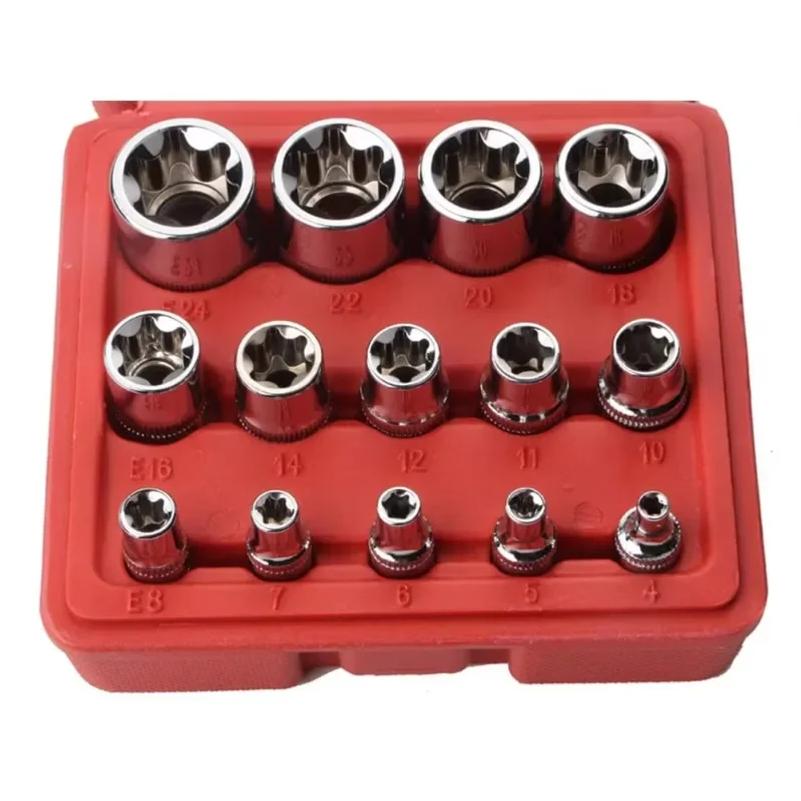 Набор из 14 головок E-Torx Star с футляром 1/4, 3/8, 1/2 дюйма. Набор торцевых головок с внешним шлицем E4-E24