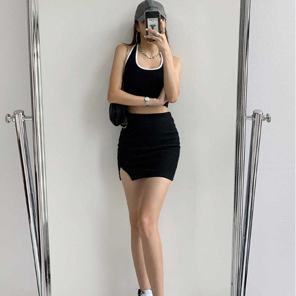 Women's Halter Neck Crop Top, Ribbed Color Block Sleeveless Tank Top