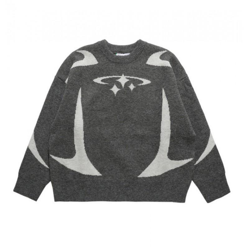 Womens Vintage Knit Sweater Loose Fit Round Neck Long Sleeve Commute Style Geometric Outerwear