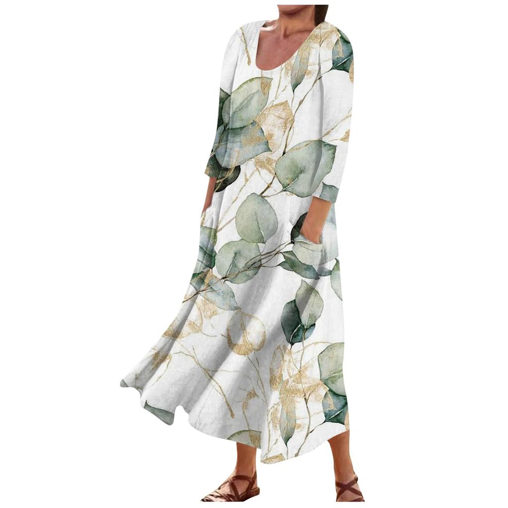 Женское модное повседневное свободное карманное платье с круглым вырезом и рукавами 3/4