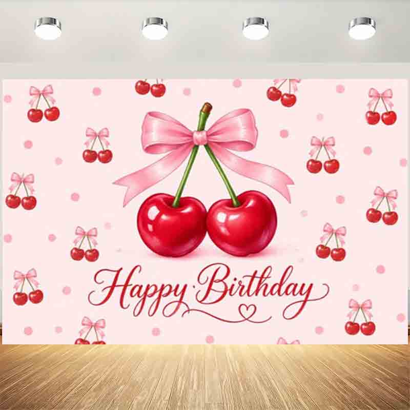 Pink Polka Dot Cherry Bow Happy Birthday Photography Backdrop Sweet Girly Style Girls Birthday Party Portrait Photo Bann