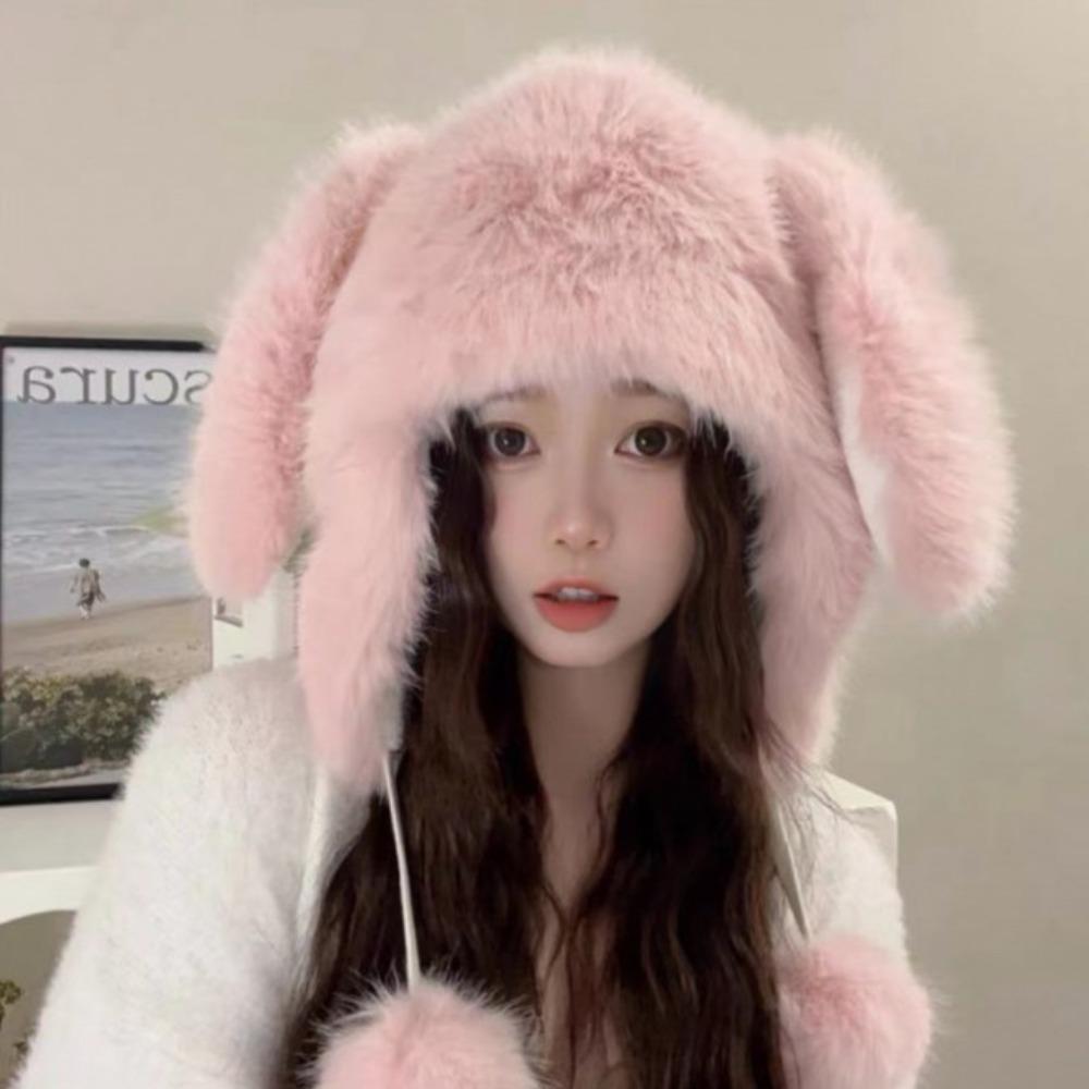 Korean Faux Fur Bucket Hat Fluffy Ear Protection Hat Winter Cute Rabbit Ear Hat Women
