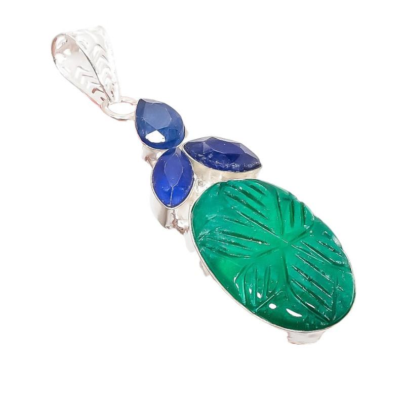 Emerald, Sapphire Gemstone Handmade 925 Sterling Silver Jewelry Pendant 2.76" AH-5211