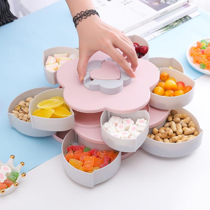 Petal-Shape Rotating Candy Box Snack Nut Box Flower Candy Fruit Plate Food Storage Case Two-deck Dried Fruit Storage Organizer