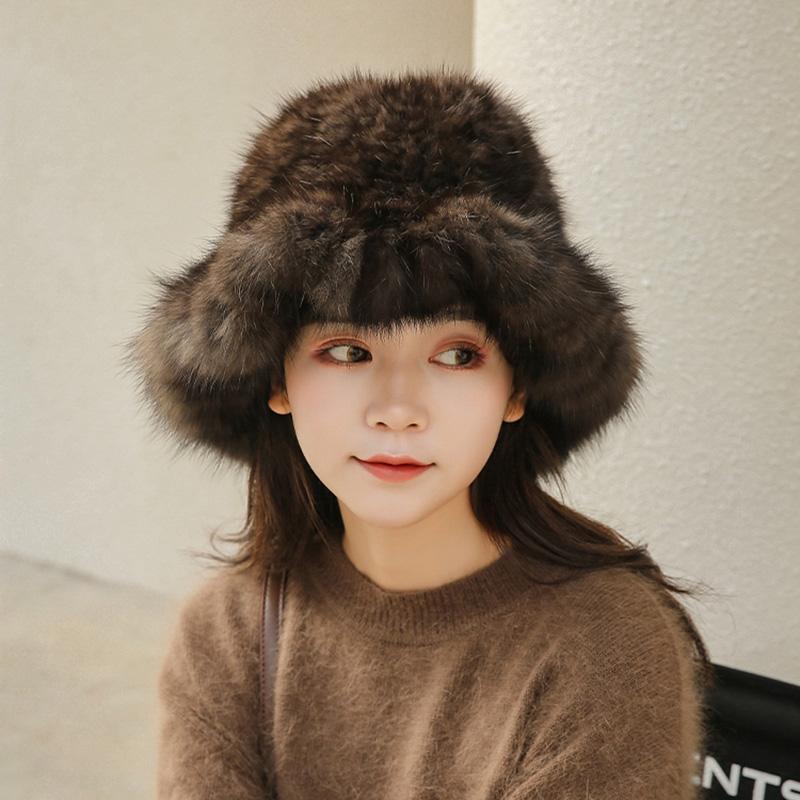 New Luxury Trendy Sable Mink Hats Warm Winter Fur Bucket Hat for Women